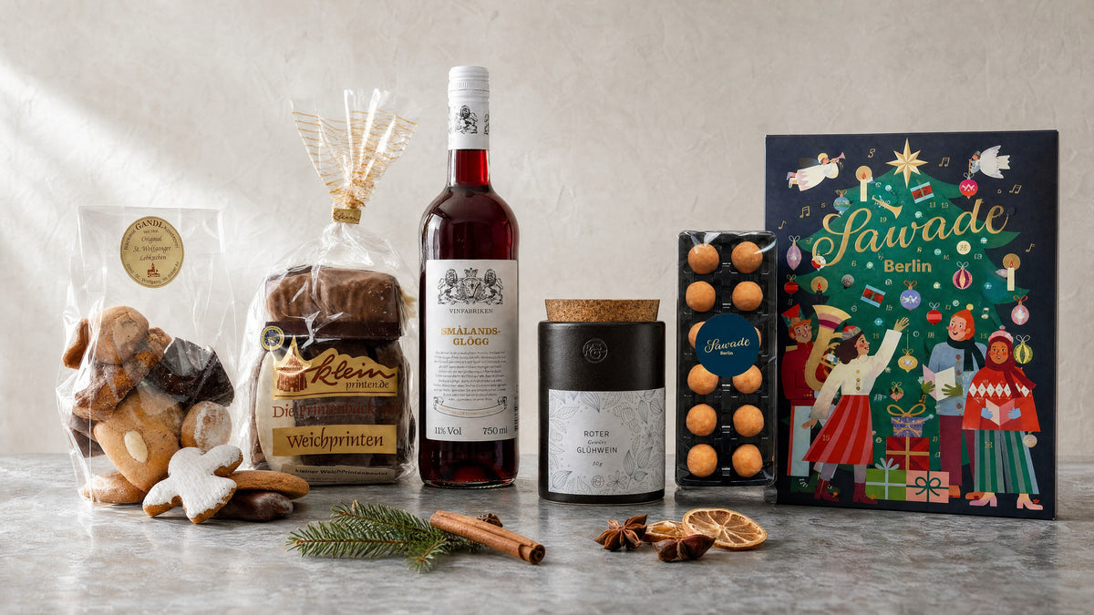 Lebkuchen, Printen, Glögg, Glühweingewürz, Marzipankartoffeln und Adventskalender für Weihnachten