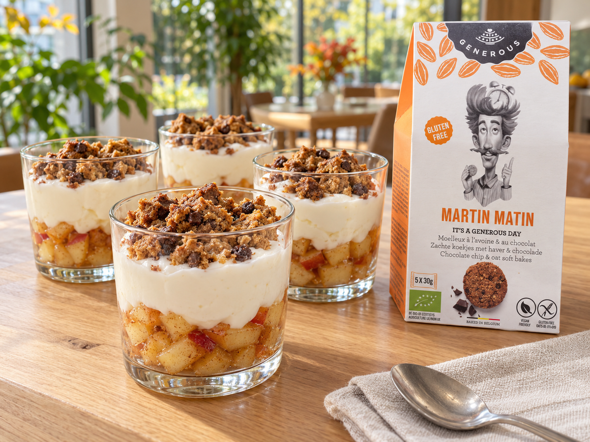 Vier Dessertgläser mit Zimt-Apfelwürfeln, weißer Quarkcreme und groben Haferkeksstücken neben der Generous-Martin-Matin-Packung auf einem hellen Holztisch vor Glas und Grün (AI Generated)