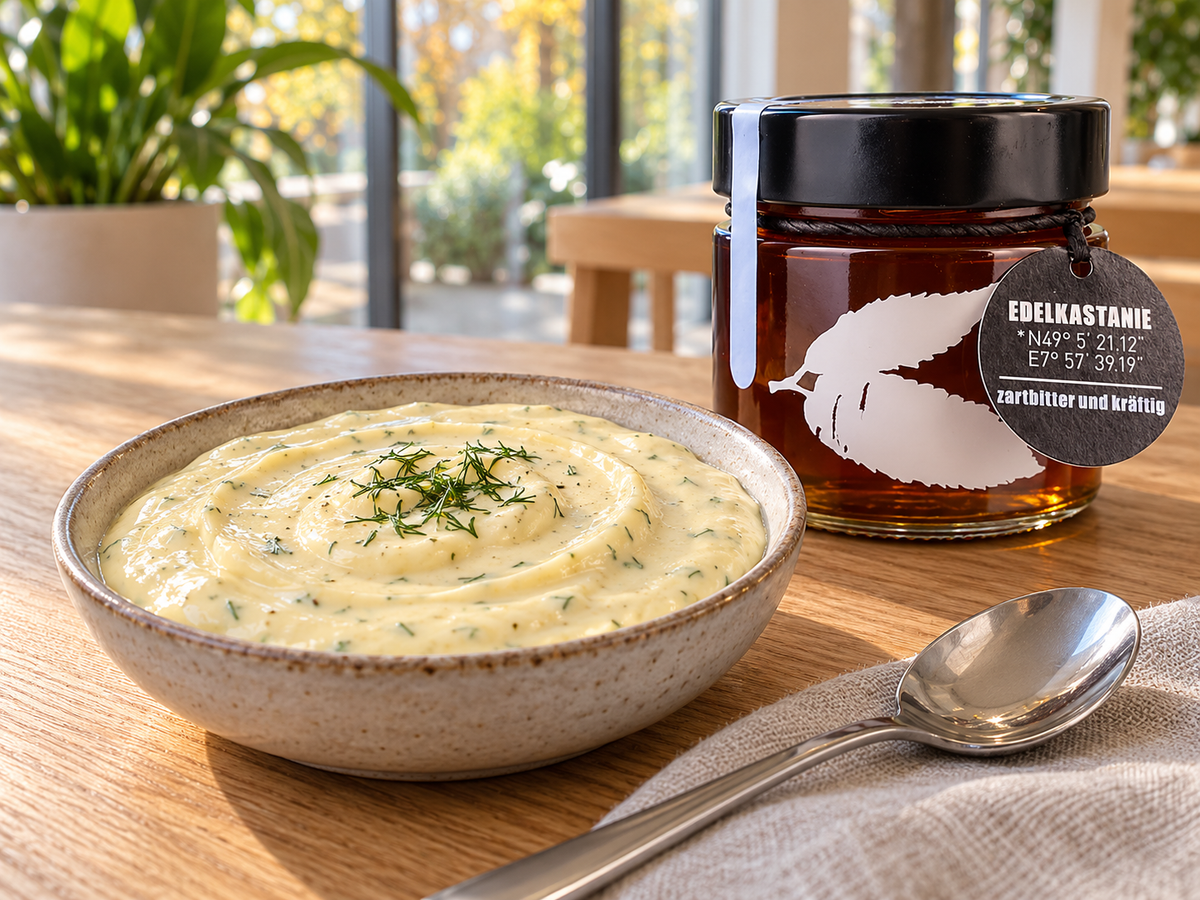 Kleine Keramikschale mit cremigem hellgelbem Honig-Senf-Dip und feinem Dill neben einem Glas Edelkastanienhonig auf hellem Holz vor Glas und Grün (AI Generated)