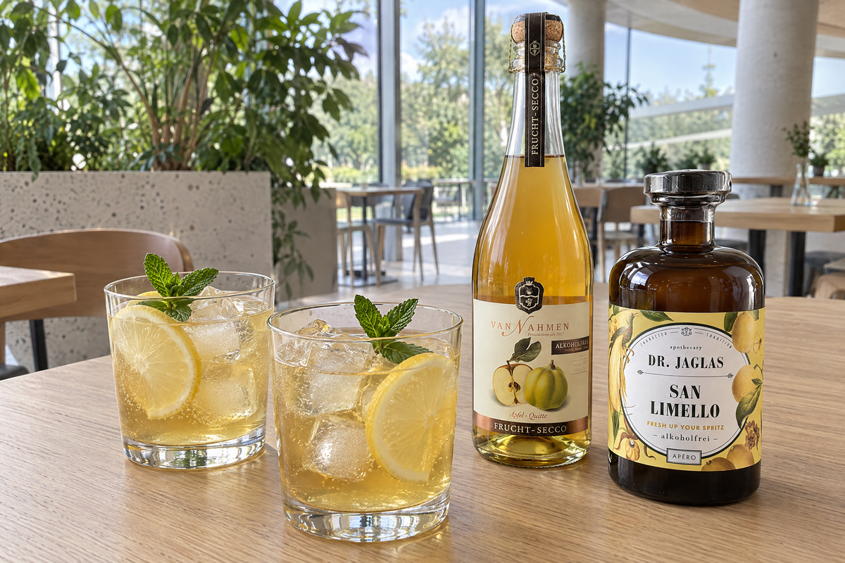Zwei Gläser goldgelber San-Limello-Spritz mit Eis, Zitronenscheiben und Minze neben San Limello von Dr. Jaglas und Apfel-Quitte-Frucht-Secco von van Nahmen auf hellem Holz (AI Generated)