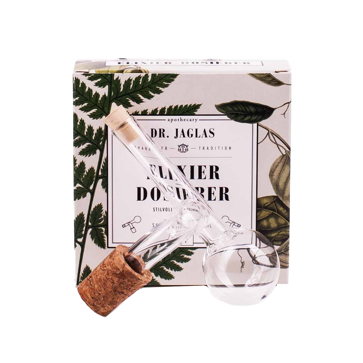 Dr. Jaglas Elixier Dosierer mit Naturkork vor dem Geschenkkarton