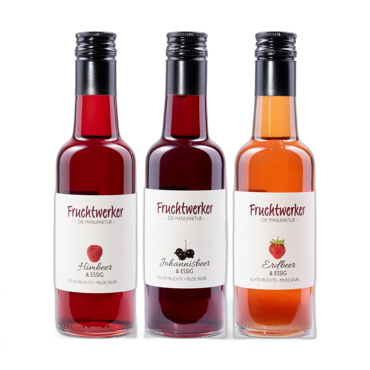 Fruchtwerker Probierpaket rot – Himbeer, Johannisbeer und Erdbeer & Essig, 3 × 250 ml
