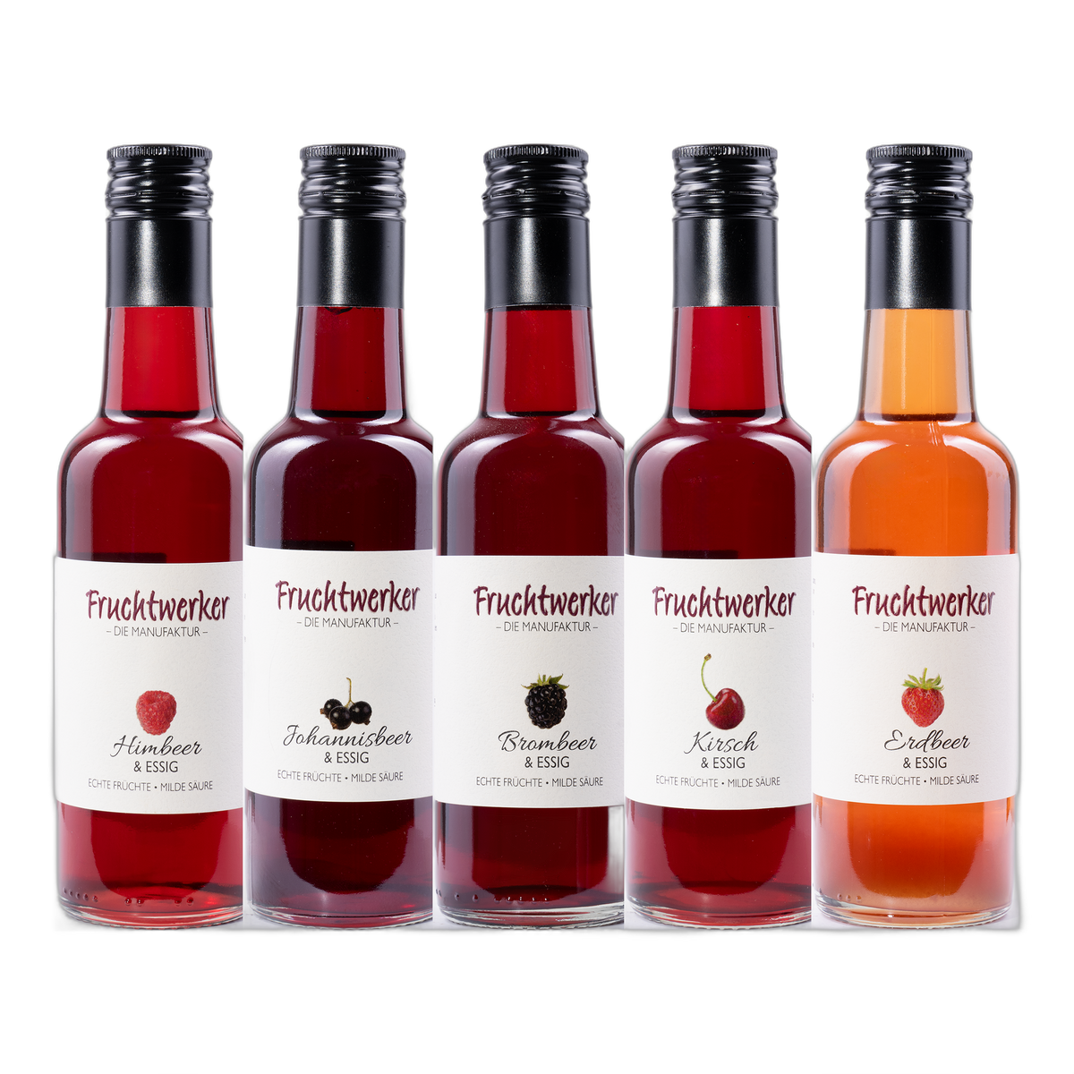 Fruchtwerker Probierpaket rot – Himbeer, Johannisbeer, Brombeer, Kirsch und Erdbeer & Essig, 5 × 250 ml