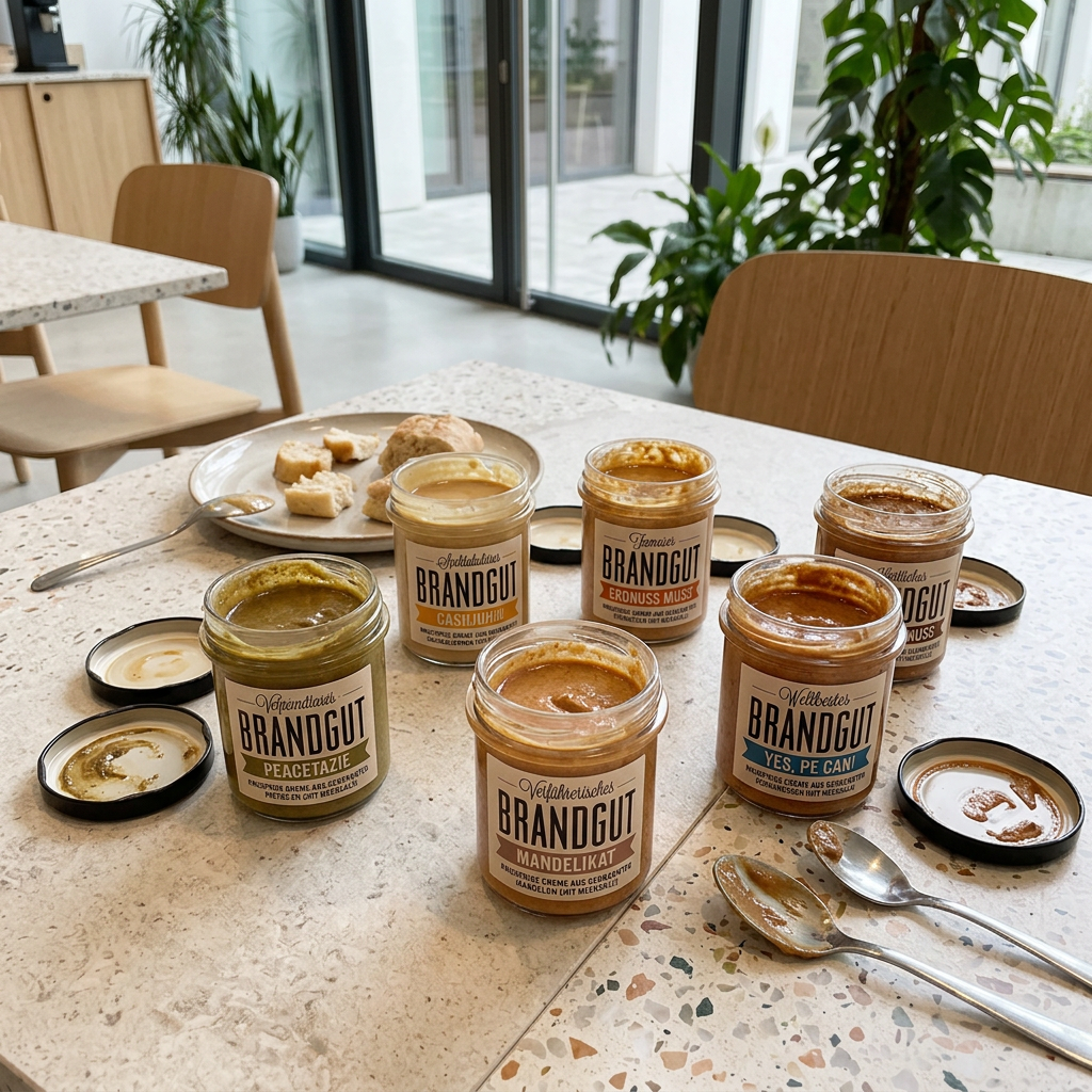 Sechs geöffnete Brandgut Nusscremes auf einem hellen Café-Tisch mit Brot, Löffeln und abgelegten Deckeln