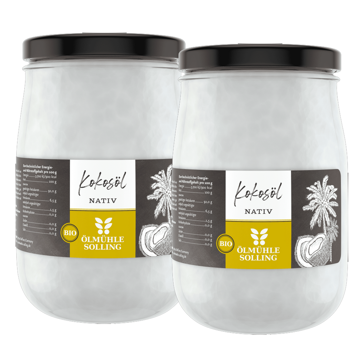 Zwei Gläser Ölmühle Solling Bio Kokosöl nativ 1000 ml