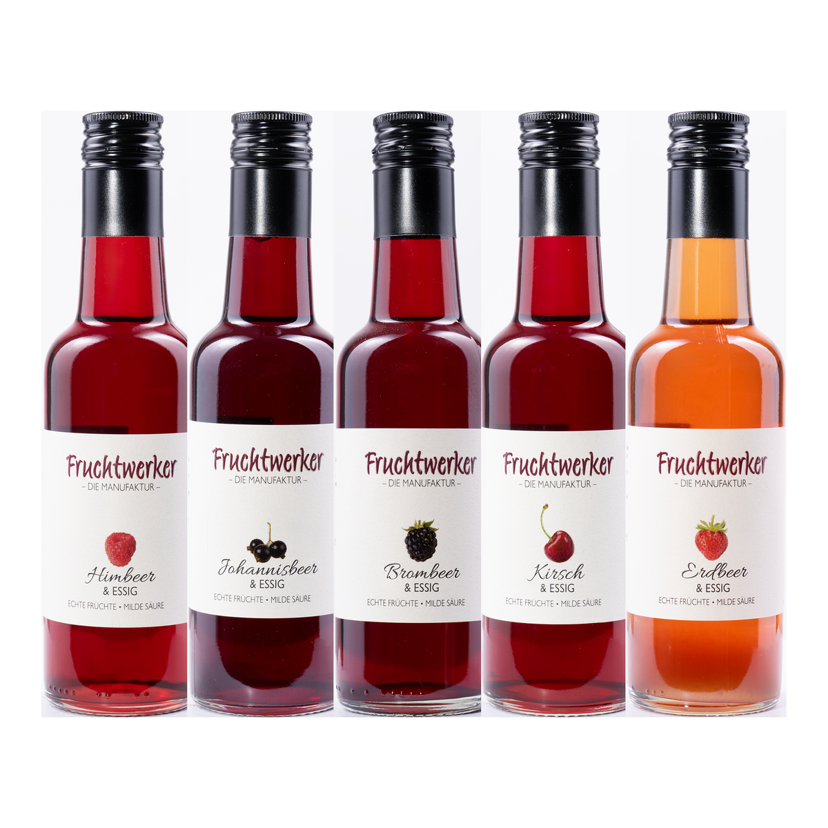 Fruchtwerker Probierpaket rot – Himbeer, Johannisbeer, Brombeer, Kirsch und Erdbeer & Essig, 5 × 250 ml